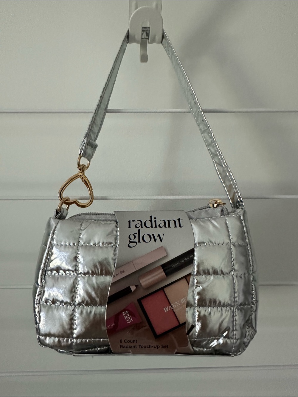 Mini Travel Makeup Kit Silver Quilted Wristlet Cosmetic Bag
